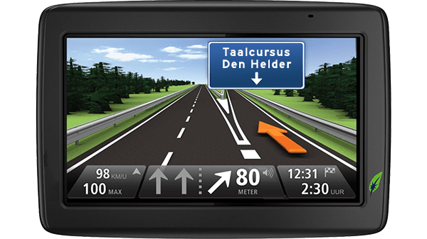Screenshot navigatiesysteem met tekst Taalcursus Den Helder aangegeven - in kleur op transparante achtergrond - 600 * 337 pixels